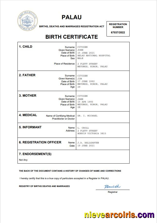 Palau birth certificate
